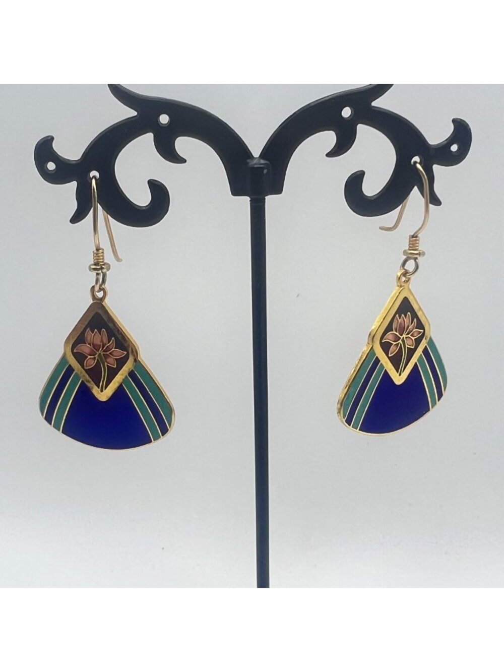 Laurel Burch Lotus Blossom Fan-Shaped Enamel Earrings Gold Tone Blue Green Pink